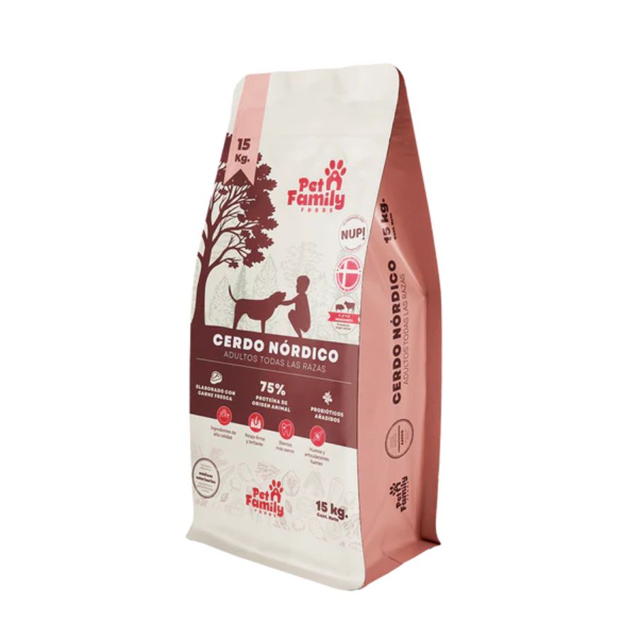 Saco de Pet Family Cerdo Nórdico 15kg para perros adultos en vista de tres cuartos
