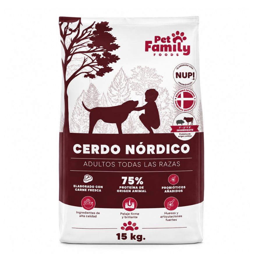 Saco de Pet Family Cerdo Nórdico 15kg para perros adultos con 75% de proteína animal de cerdo
