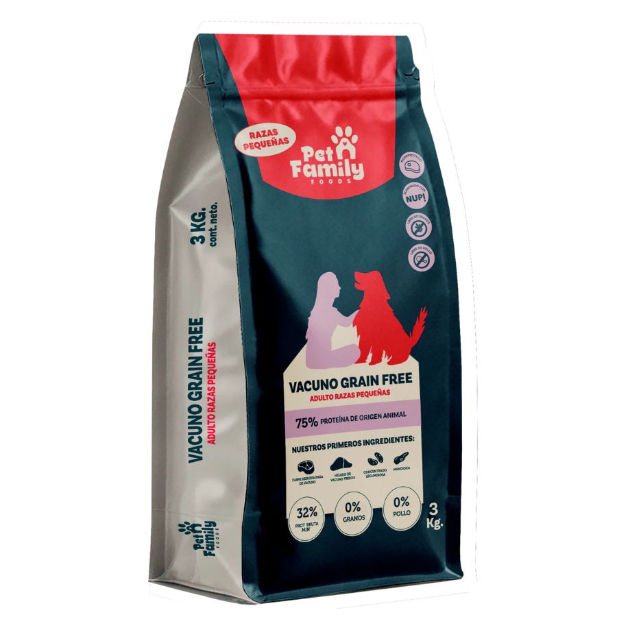 PetFamily Foods Grain Free Razas Pequeñas 3kg sin granos ni pollo, 75% proteína animal, con probióticos para digestión saludable.