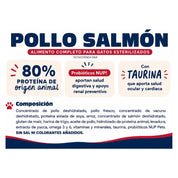 Composición y beneficios de Pet Family Pollo Salmón: 80% proteína animal, probióticos NUP y taurina