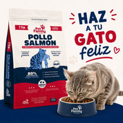 Gato atigrado comiendo de un comedero junto al saco de Pet Family Pollo Salmón 7kg
