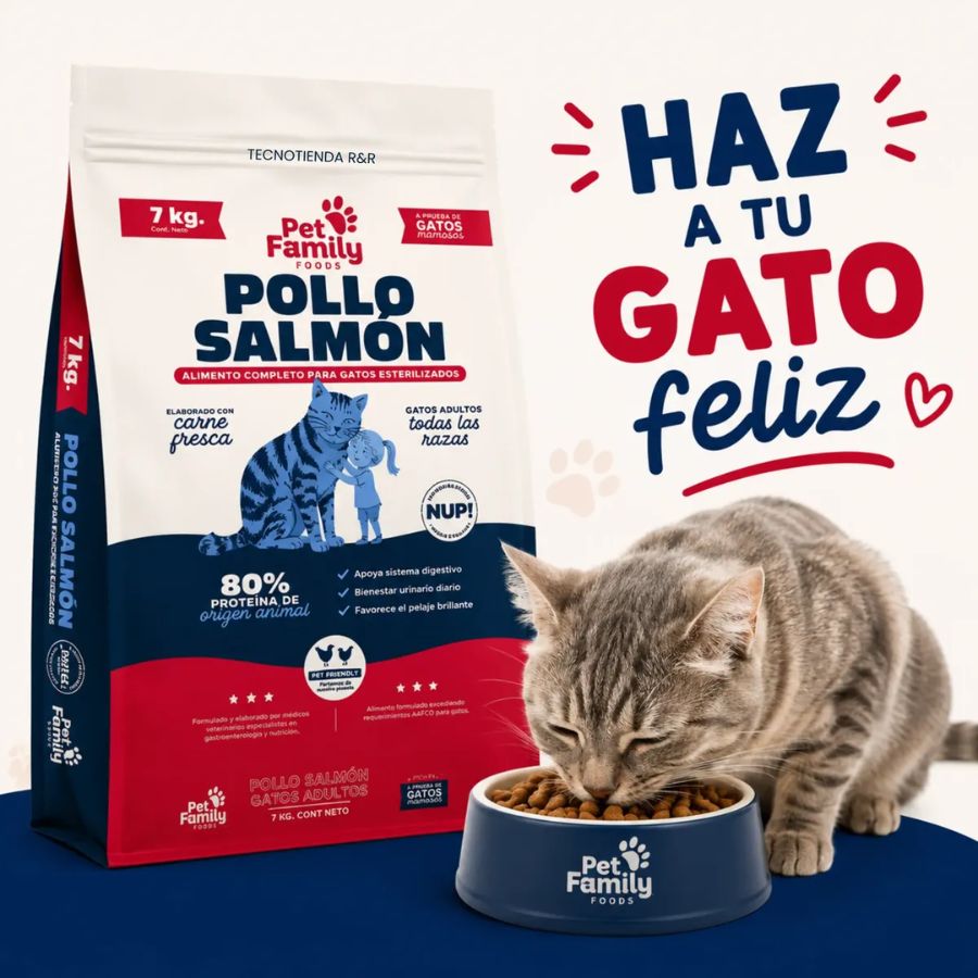 Gato atigrado comiendo de un comedero junto al saco de Pet Family Pollo Salmón 7kg