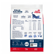 Reverso de Pet Family Pollo Salmón con composición, análisis garantizado y tabla de porción por peso