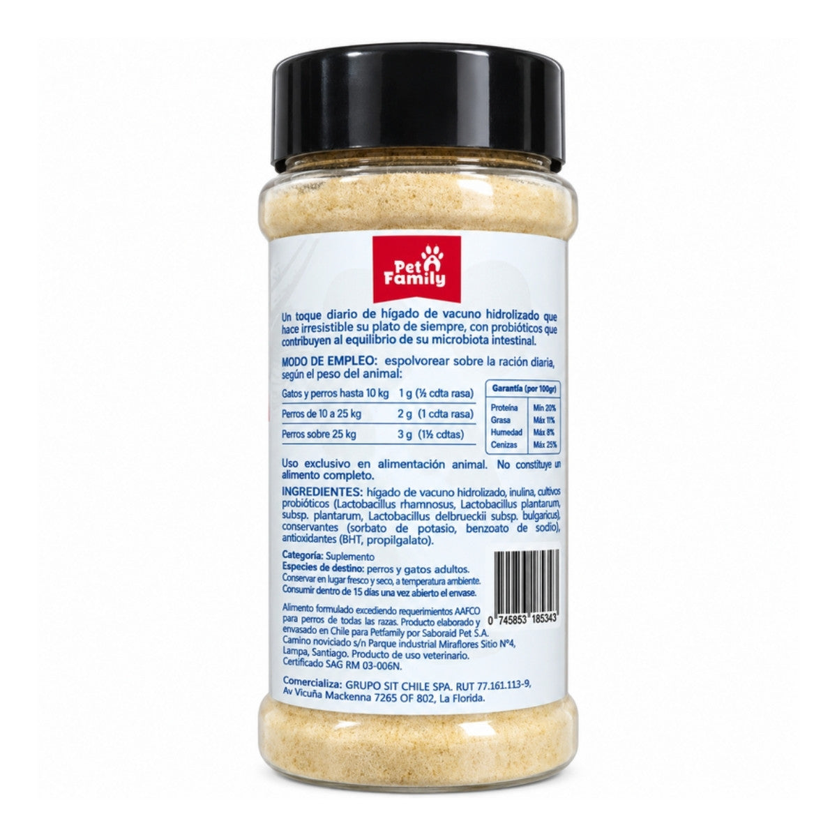 Reverso del frasco de Pet Family Topping con ingredientes, modo de empleo y análisis garantizado