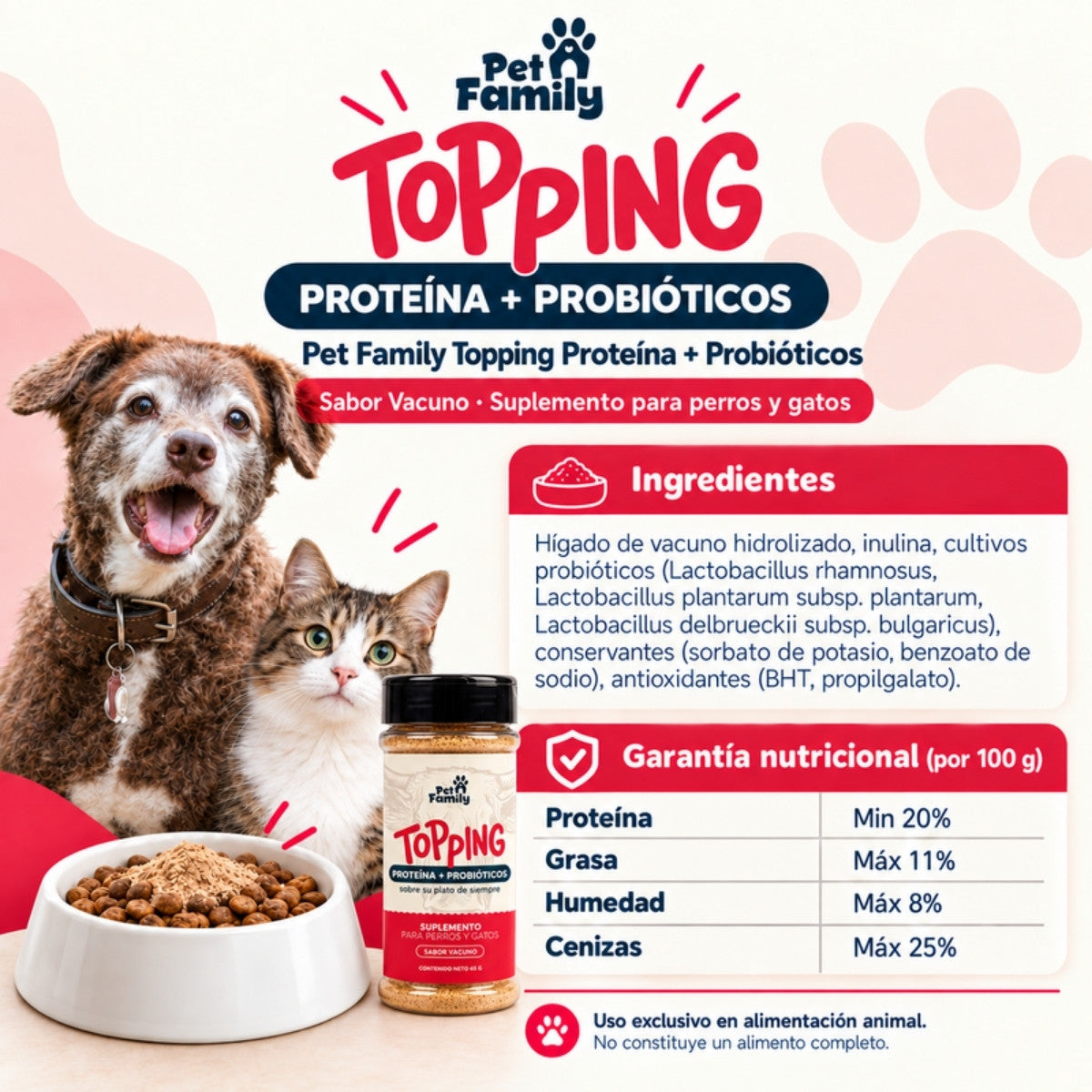 Infografía de ingredientes y garantía nutricional por 100 g de Pet Family Topping, con perro y gato