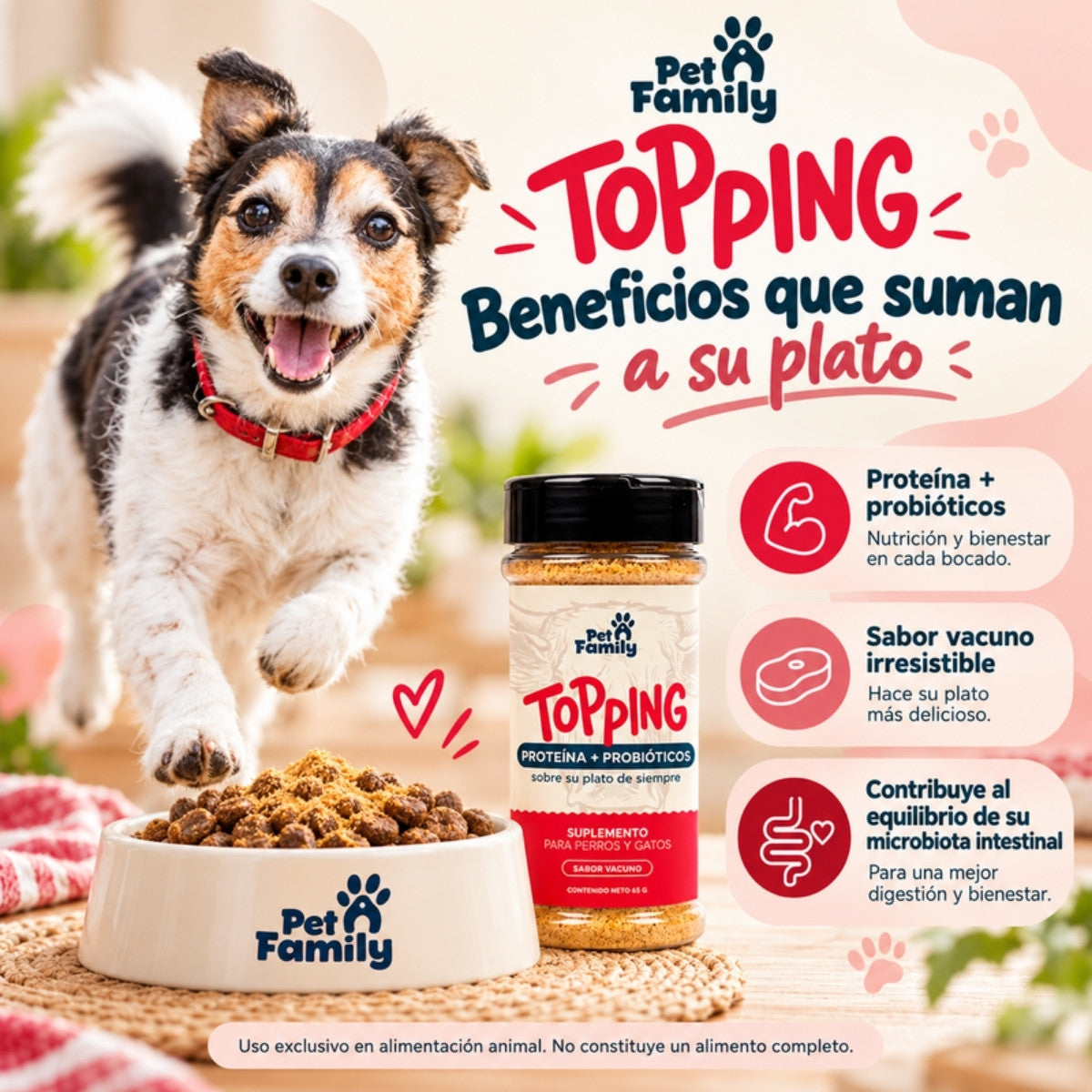 Perro corriendo hacia su plato junto al frasco de Pet Family Topping, con los beneficios del suplemento