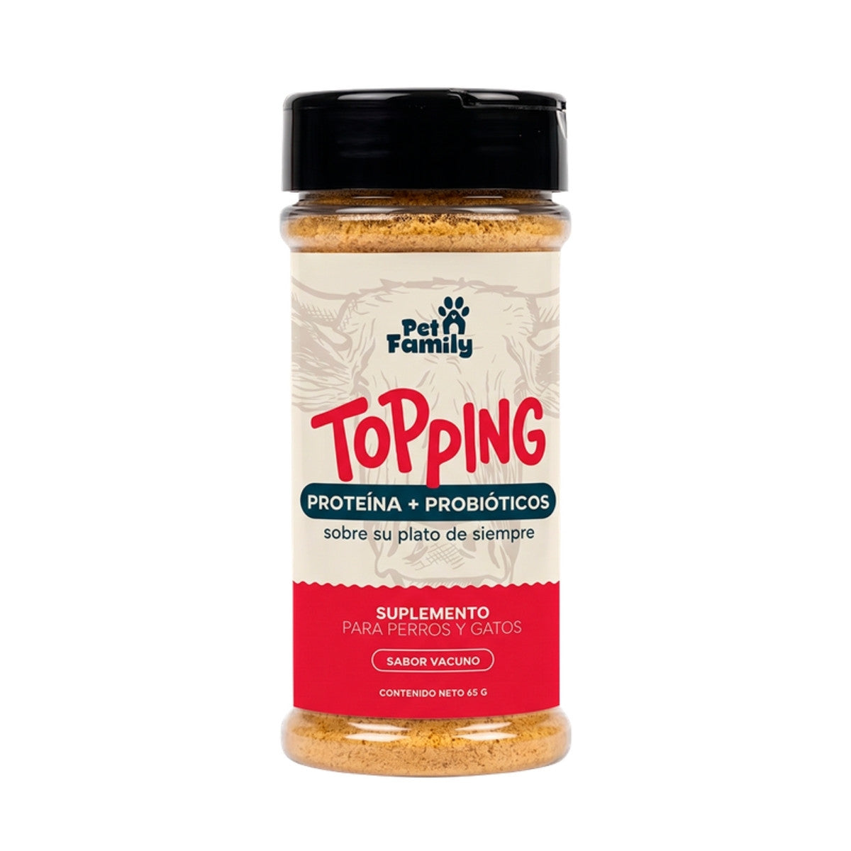 Pet Family Topping Proteína + Probióticos sabor vacuno, frasco dispensador en vista frontal