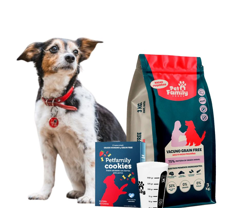 PetFamily Foods Grain Free Razas Pequeñas 3kg sin granos ni pollo, 75% proteína animal, con probióticos para digestión saludable.