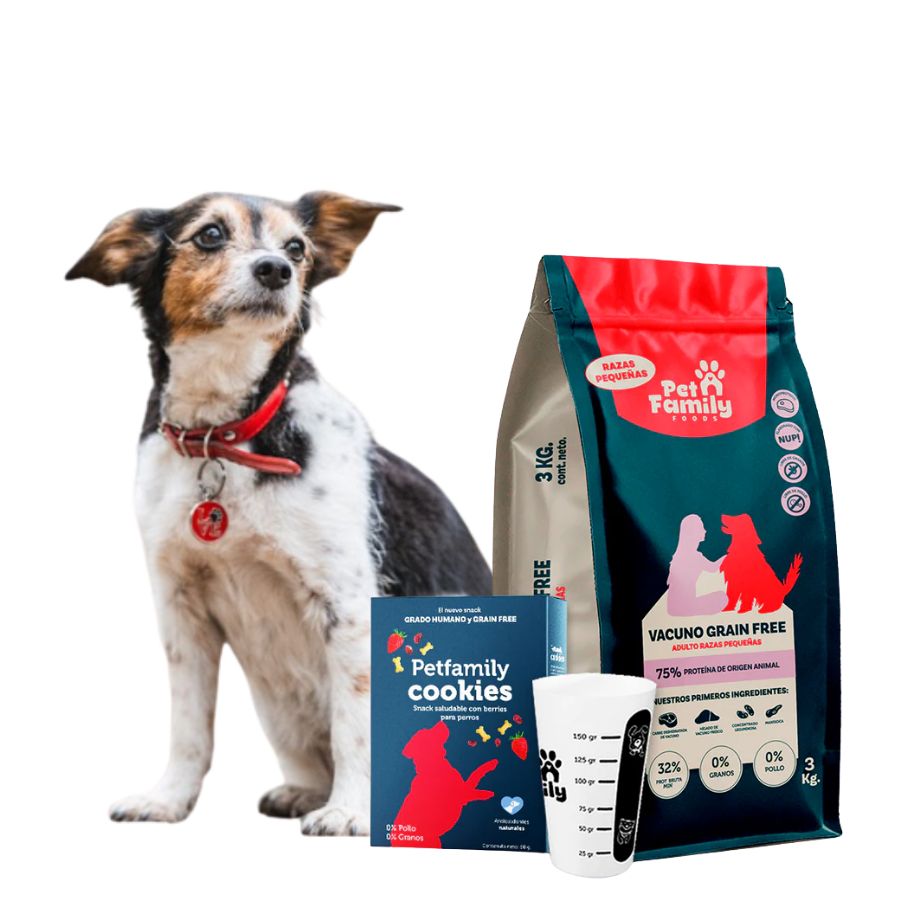 PetFamily Foods Grain Free Razas Pequeñas 3kg sin granos ni pollo, 75% proteína animal, con probióticos para digestión saludable.
