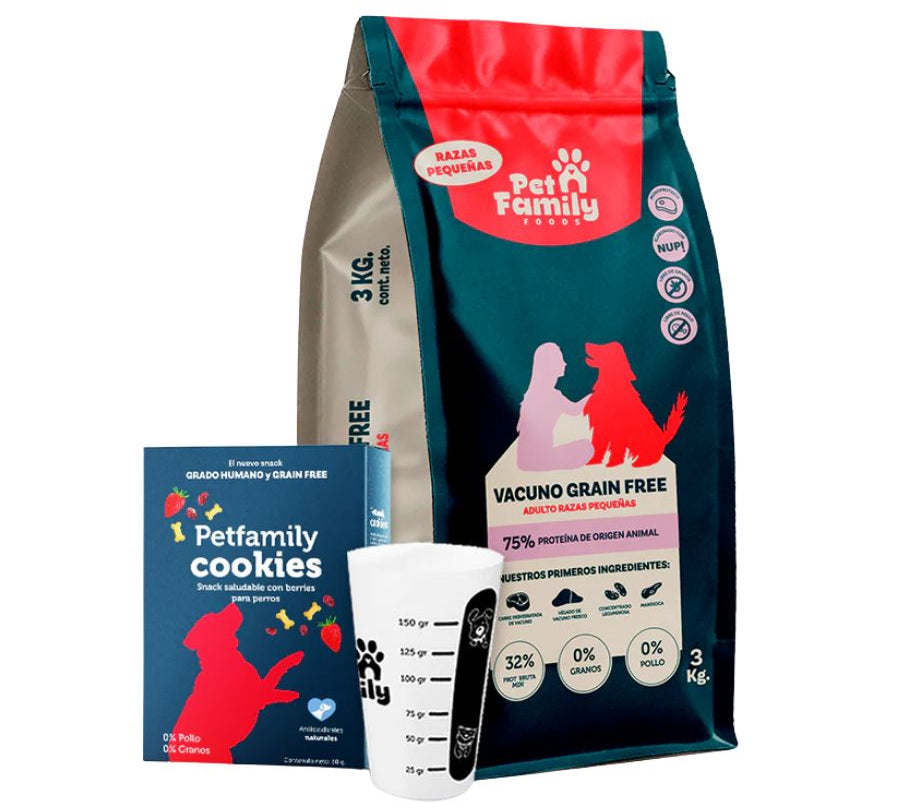 PetFamily Foods Grain Free Razas Pequeñas 3kg sin granos ni pollo, 75% proteína animal, con probióticos para digestión saludable.