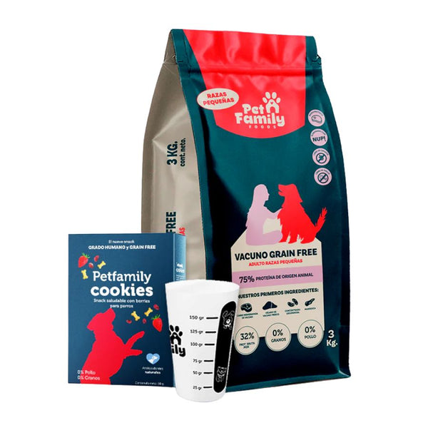 PetFamily Foods Grain Free Razas Pequeñas 3kg sin granos ni pollo, 75% proteína animal, con probióticos para digestión saludable.