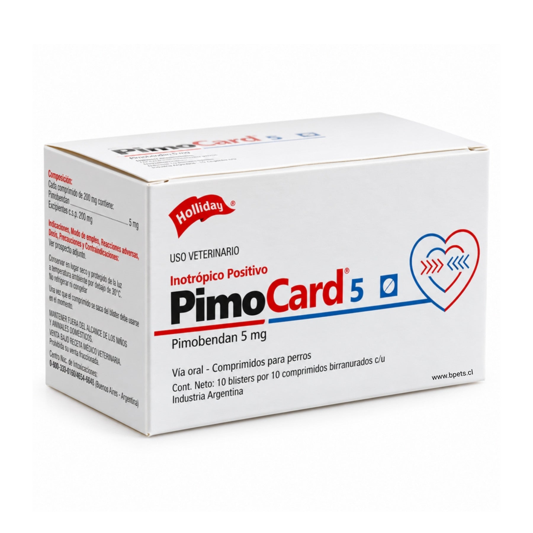 Pimocard 5 mg en caja de 10 blísters con 100 comprimidos de pimobendan, vista en ángulo del envase