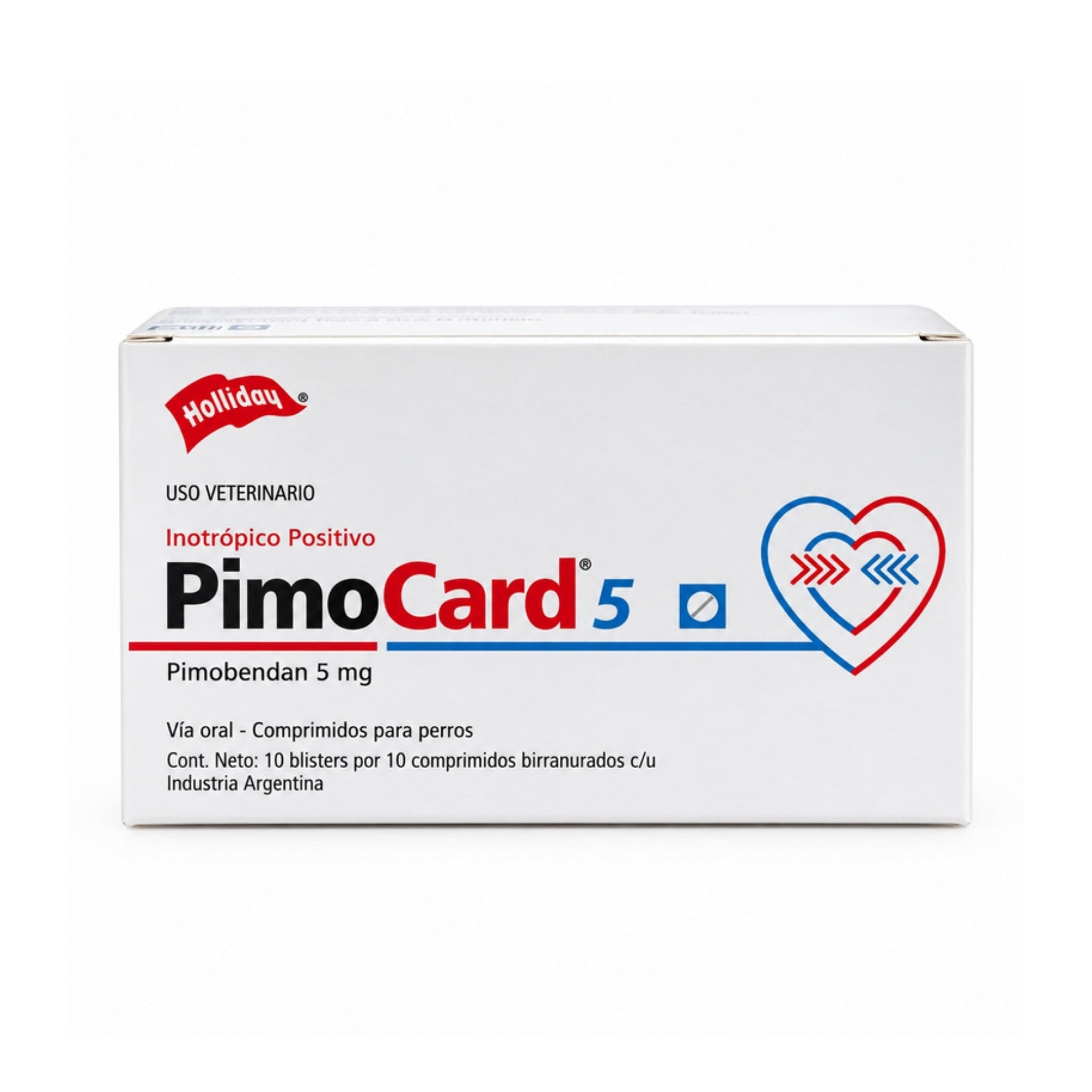 Caja de Pimocard 5 mg pimobendan de Holliday, 100 comprimidos birranurados para perros, vista frontal