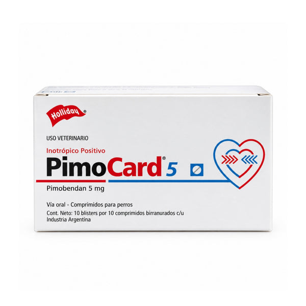 Caja de Pimocard 5 mg pimobendan de Holliday, 100 comprimidos birranurados para perros, vista frontal