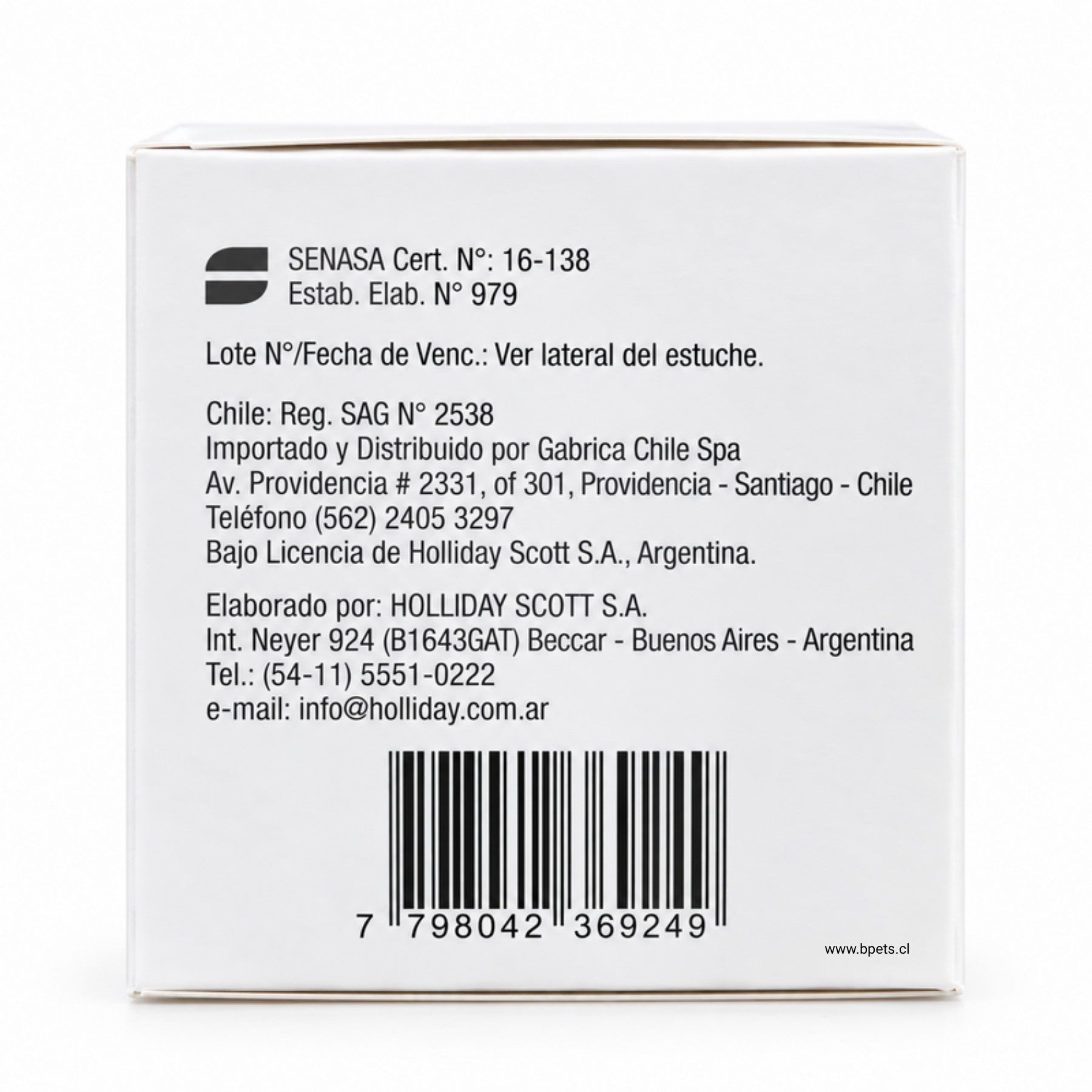 Lateral de la caja Pimocard 5 mg con registro SAG N° 2538, fabricante Holliday Scott y código de barras