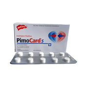 Blister de Pimocard 5 mg pimobendan con 10 comprimidos birranurados junto a su caja Holliday, presentación de 20 comprimidos para perros