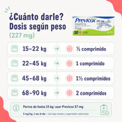 Tabla de dosis de Previcox 227 mg según peso del perro: de media a dos comprimidos al día en perros grandes