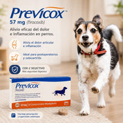 Infografía de Previcox 57 mg 10 comprimidos para perros: alivio del dolor articular y alta selectividad COX-2