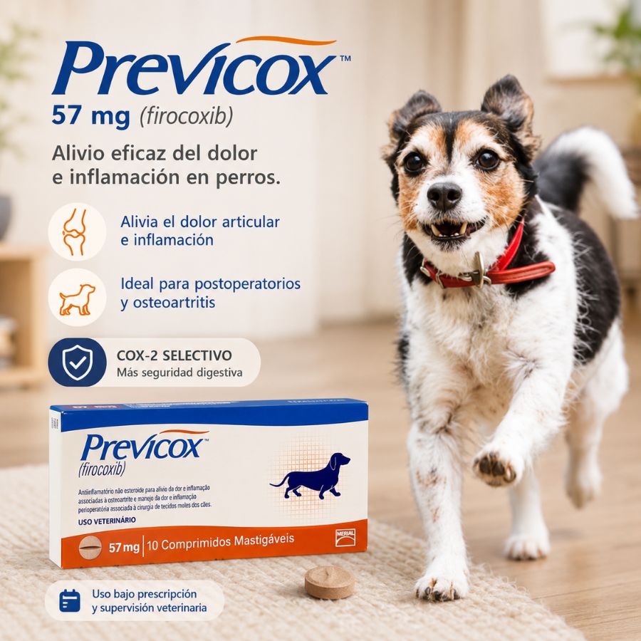 Infografía de Previcox 57 mg 10 comprimidos para perros: alivio del dolor articular y alta selectividad COX-2