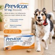 Infografía de Previcox 57 mg 30 comprimidos para perros: alivio del dolor articular y alta selectividad COX-2