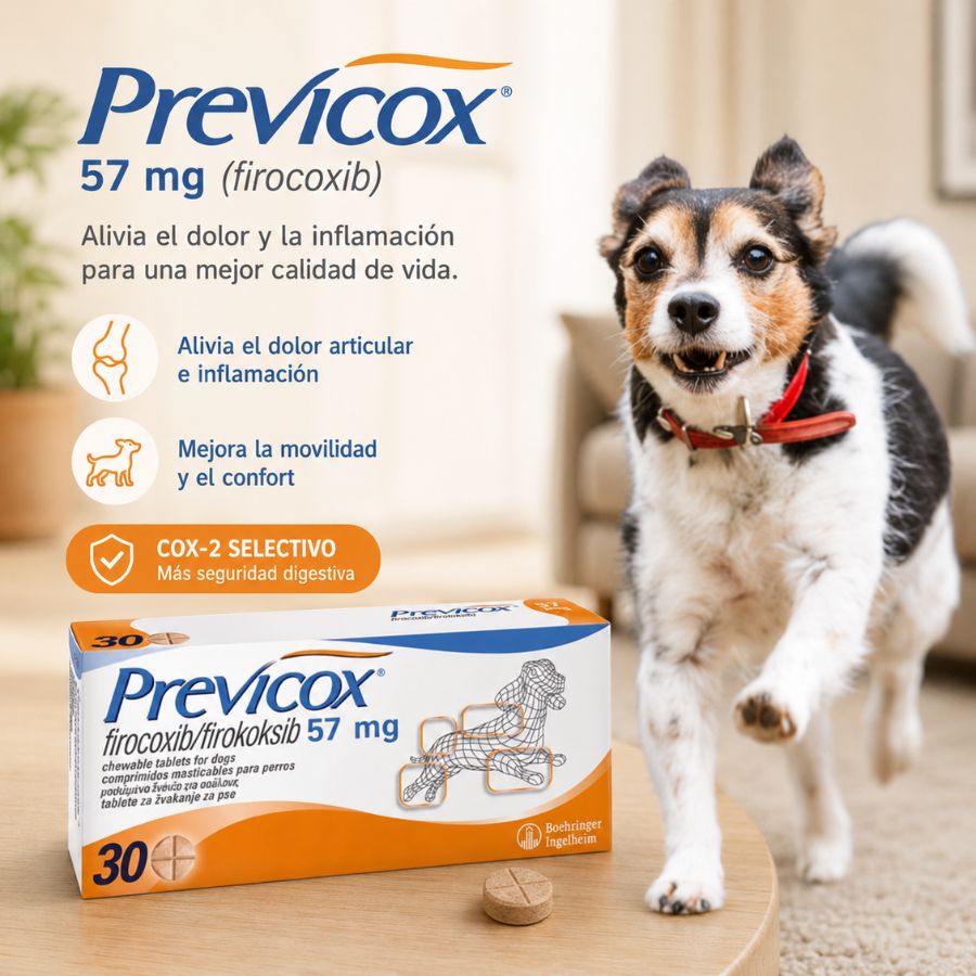 Infografía de Previcox 57 mg 30 comprimidos para perros: alivio del dolor articular y alta selectividad COX-2