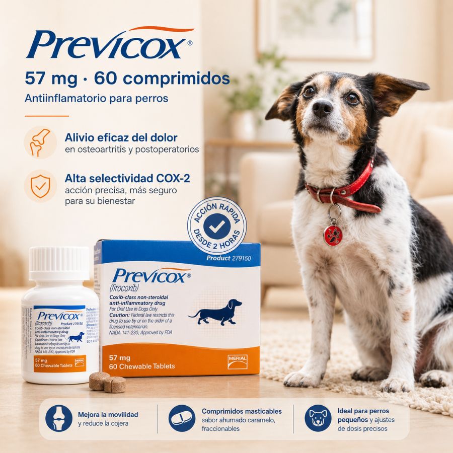 Infografía de Previcox 57 mg para perros: alivio del dolor, alta selectividad COX-2 y acción en 2 horas