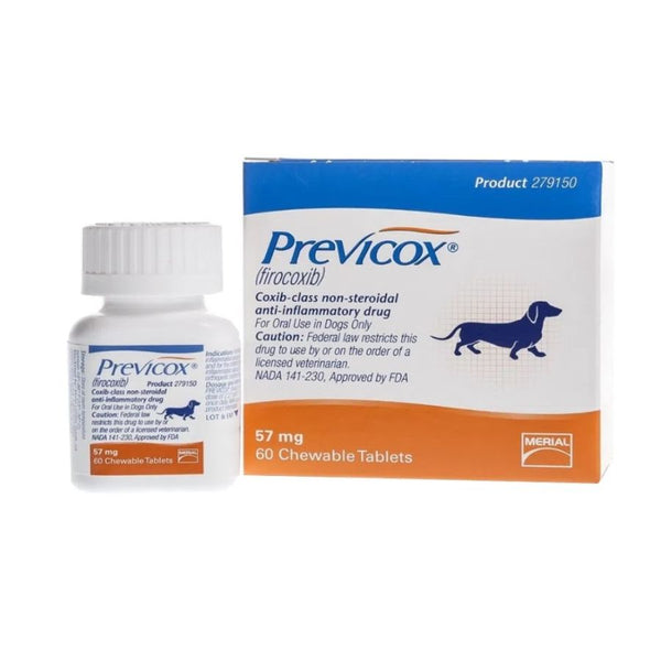 Caja y frasco de Previcox 57 mg 60 comprimidos para perros, antiinflamatorio firocoxib de Boehringer