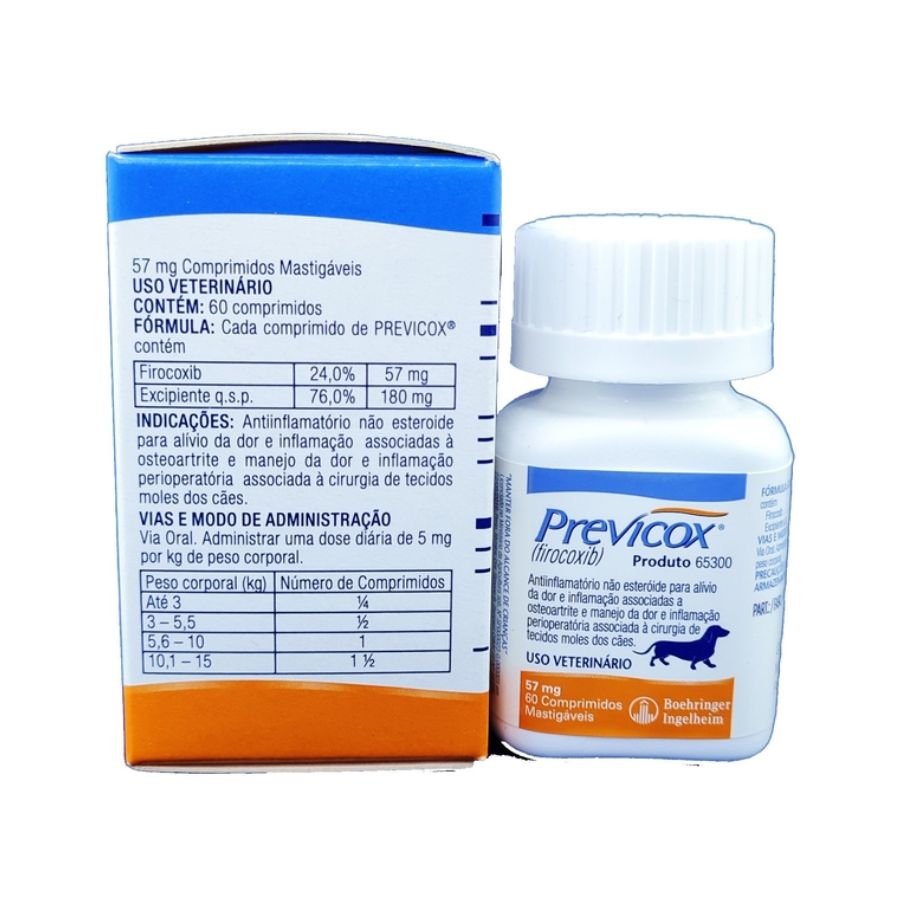 Caja de Previcox 57 mg 60 comprimidos vista lateral, AINE para osteoartritis canina