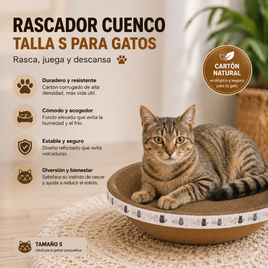 Rascador Cuenco Talla S para Gatos, duradero y cómodo, con diseño circular que satisface las necesidades de rascado y descanso de tu felino.