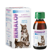 Frasco de 150 ml de Renalof Pets junto a su caja, solución oral de Catalysis para perros y gatos