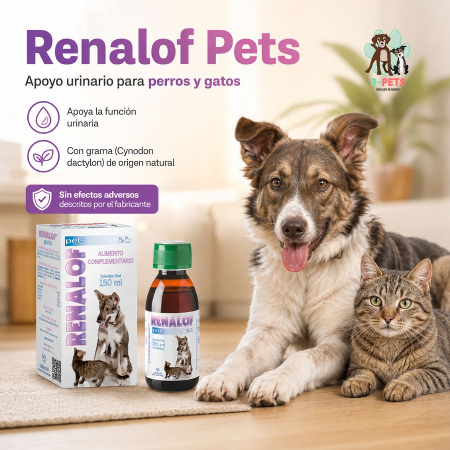 Renalof Pets como apoyo urinario en perros y gatos, con grama Cynodon dactylon de origen natural