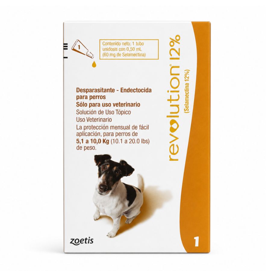 Revolution 12% 0,5 mL para perros de 5,1 a 10 kg, caja Zoetis con tubo unidosis de 60 mg de selamectina