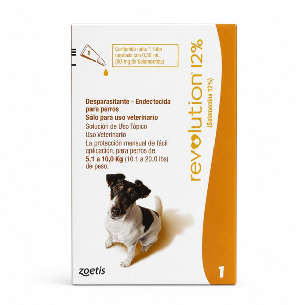 Revolution 12% 0,5 mL para perros de 5,1 a 10 kg, caja Zoetis con tubo unidosis de 60 mg de selamectina