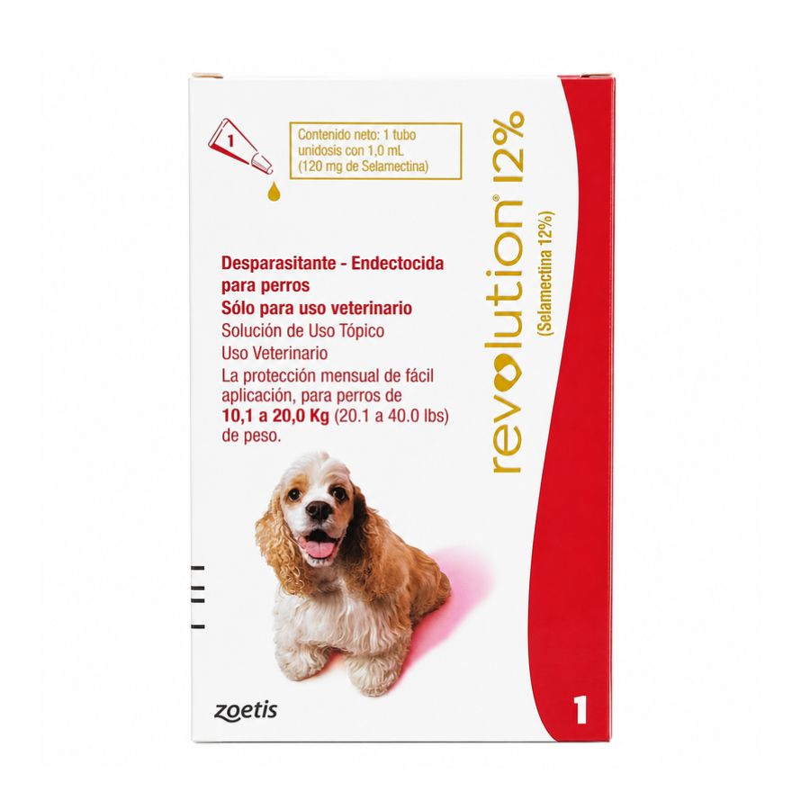 Revolution 12% 1 mL para perros de 10,1 a 20 kg, caja Zoetis con tubo unidosis de 120 mg de selamectina