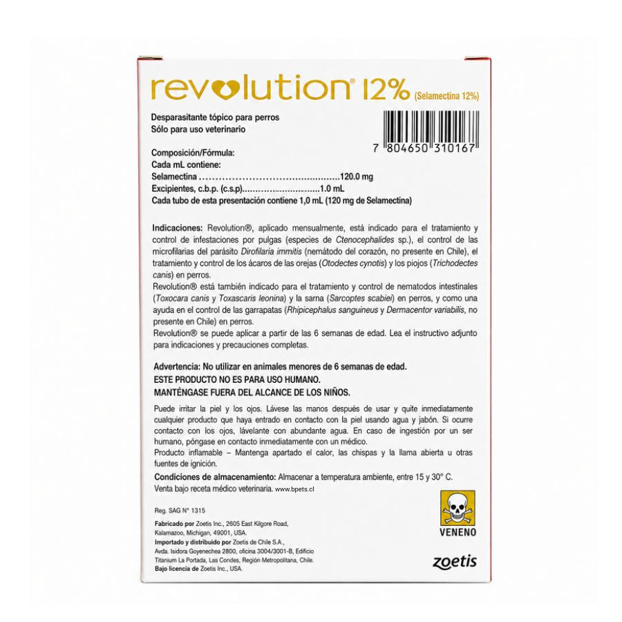Reverso de Revolution 12% 1 mL con composición, indicaciones, advertencias y Reg. SAG N° 1315