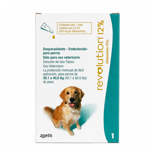 Revolution 12% 2 mL para perros de 20,1 a 40 kg, caja Zoetis con tubo unidosis de 240 mg de selamectina