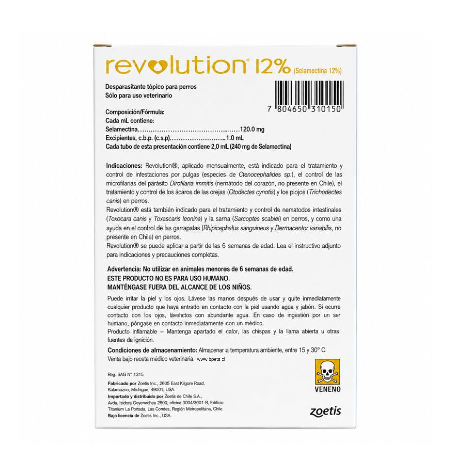Reverso de Revolution 12% 2 mL con composición, indicaciones, advertencias y Reg. SAG N° 1315