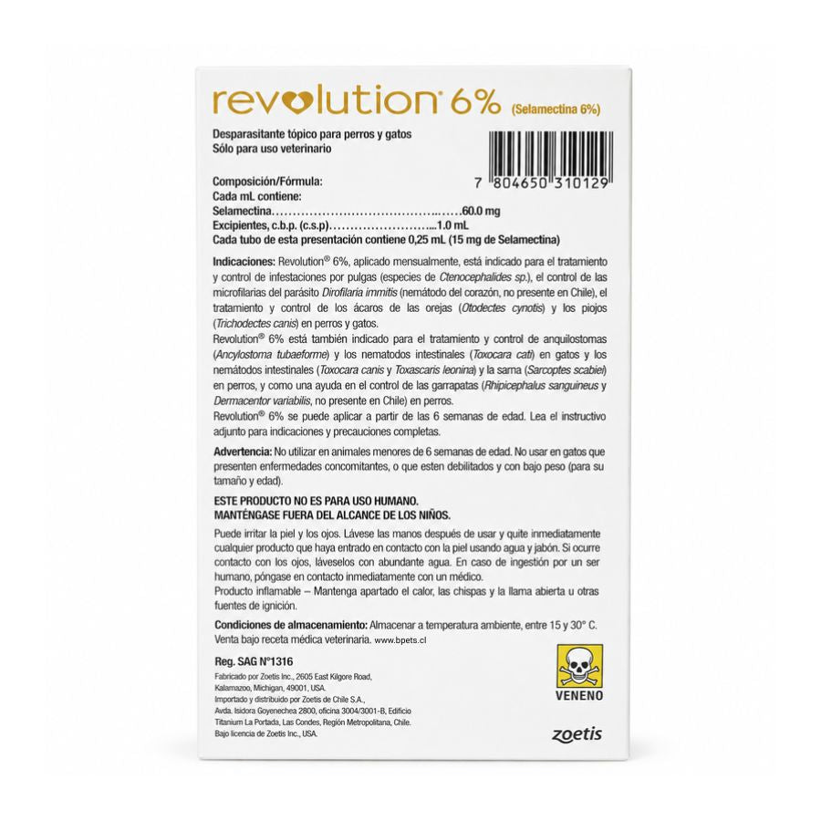 Reverso de Revolution 6% con composición, indicaciones, advertencias y Reg. SAG N° 1316