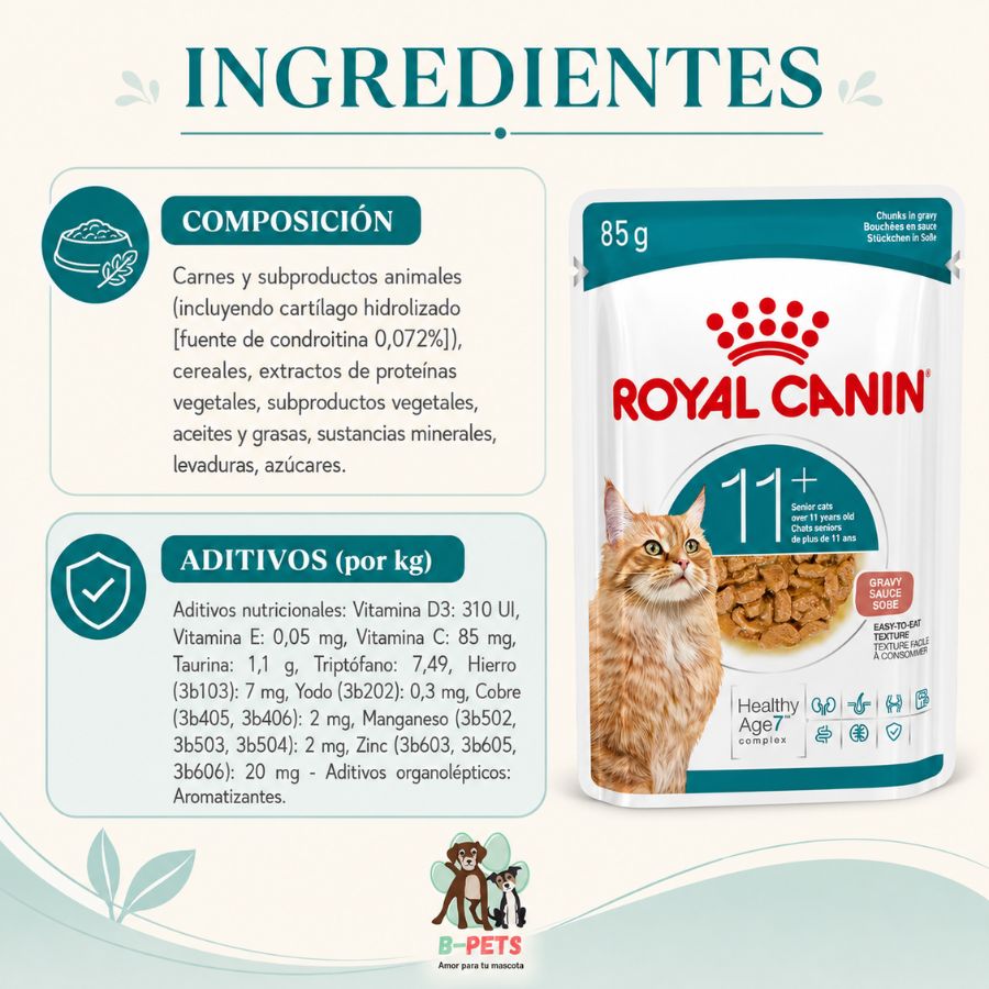 Composición y aditivos por kg del alimento húmedo Royal Canin Ageing 11+ en sobre de 85 g