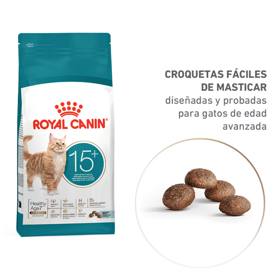 Croquetas fáciles de masticar de Royal Canin Ageing 15+, diseñadas y probadas en gatos de edad avanzada
