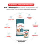 Rueda de necesidades del gato sobre los 15 años que apoya Royal Canin Ageing 15+, de riñones a inmunidad