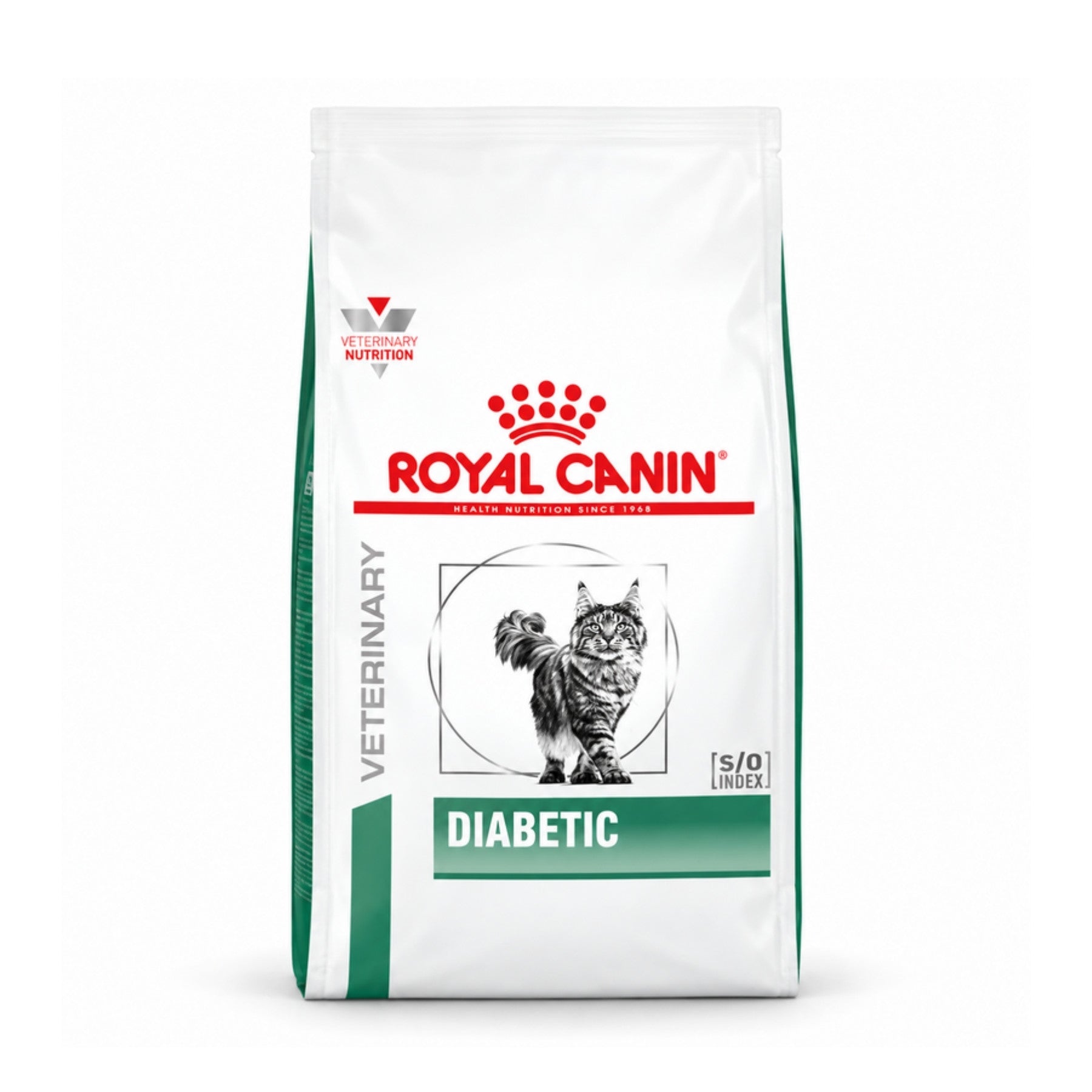 Saco Royal Canin Diabetic para gatos de 1,5 kg, vista frontal del envase veterinario blanco y verde