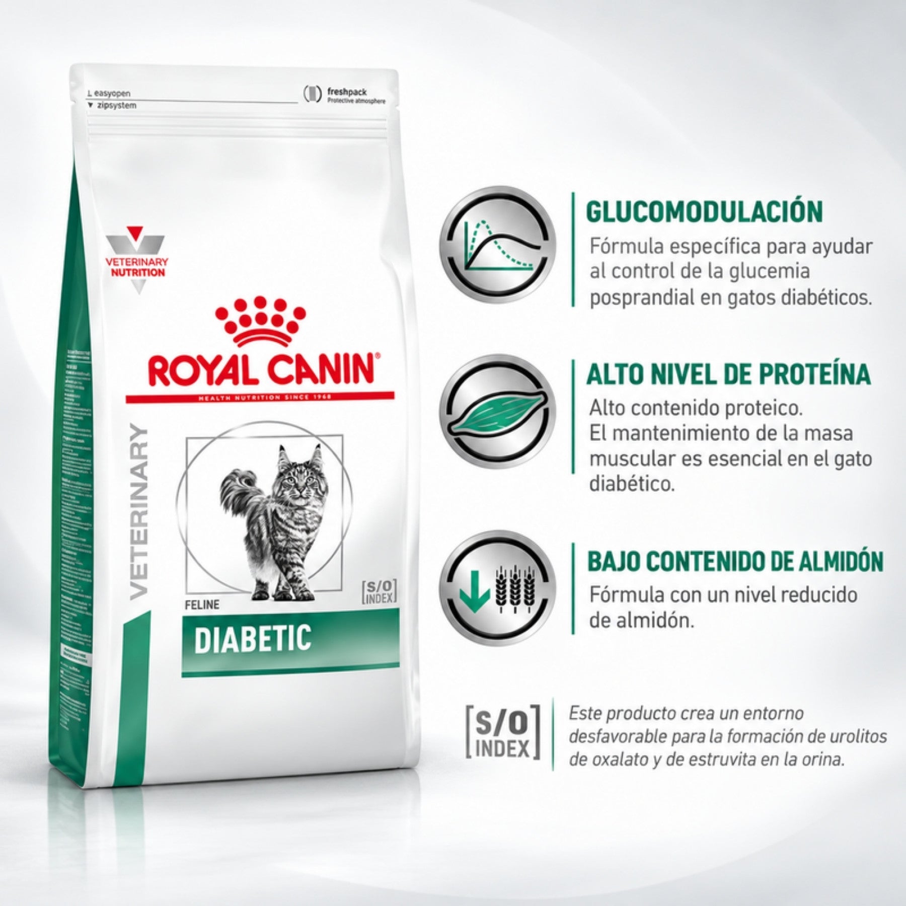 Infografía de Royal Canin Diabetic gato: glucomodulación, alto nivel de proteína, bajo almidón y S/O Index