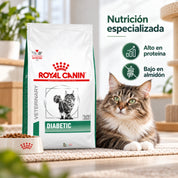 Gato atigrado junto al saco Royal Canin Diabetic y un plato de croquetas, con íconos de alto en proteína y bajo en almidón
