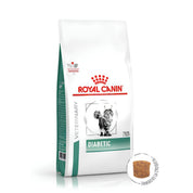 Royal Canin Diabetic gato en ángulo lateral, con detalle ampliado del tamaño y forma de la croqueta