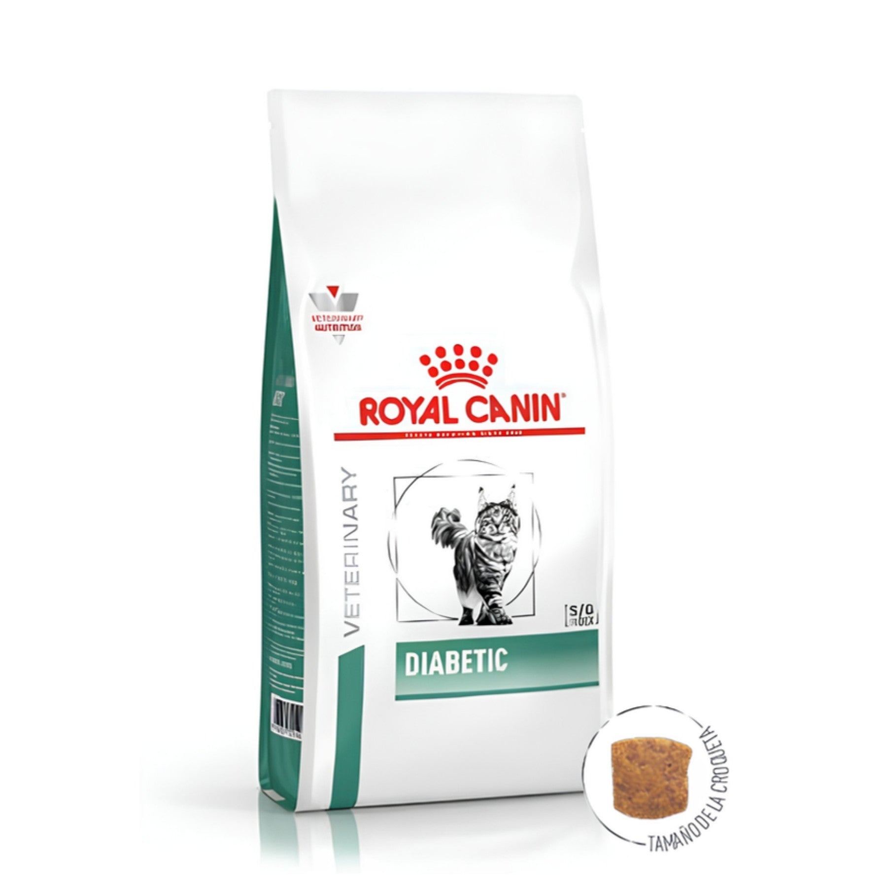 Royal Canin Diabetic gato en ángulo lateral, con detalle ampliado del tamaño y forma de la croqueta
