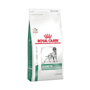 Royal Canin Diabetic perro 10 kg en ángulo lateral, mostrando el costado verde del saco