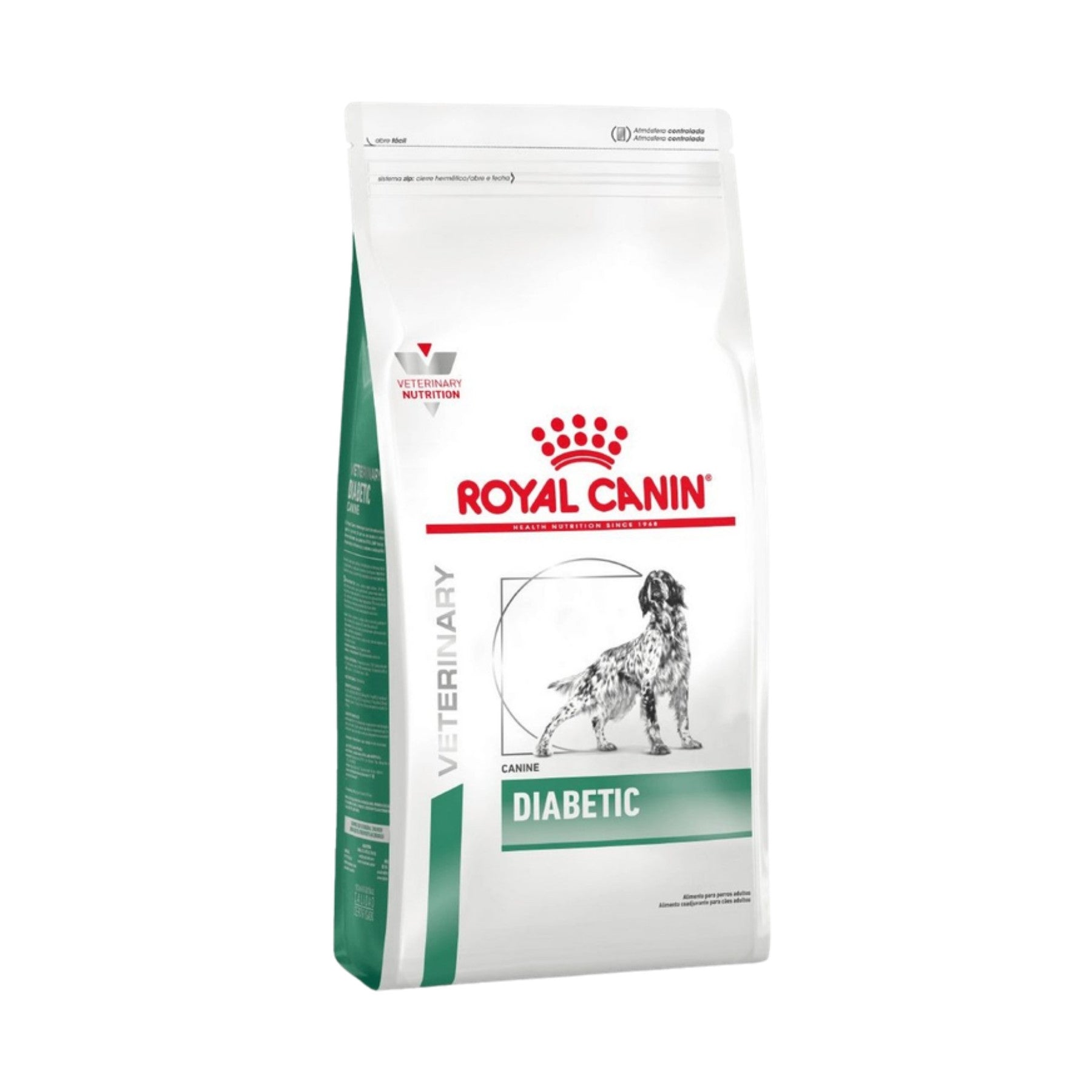Royal Canin Diabetic perro 10 kg en ángulo lateral, mostrando el costado verde del saco