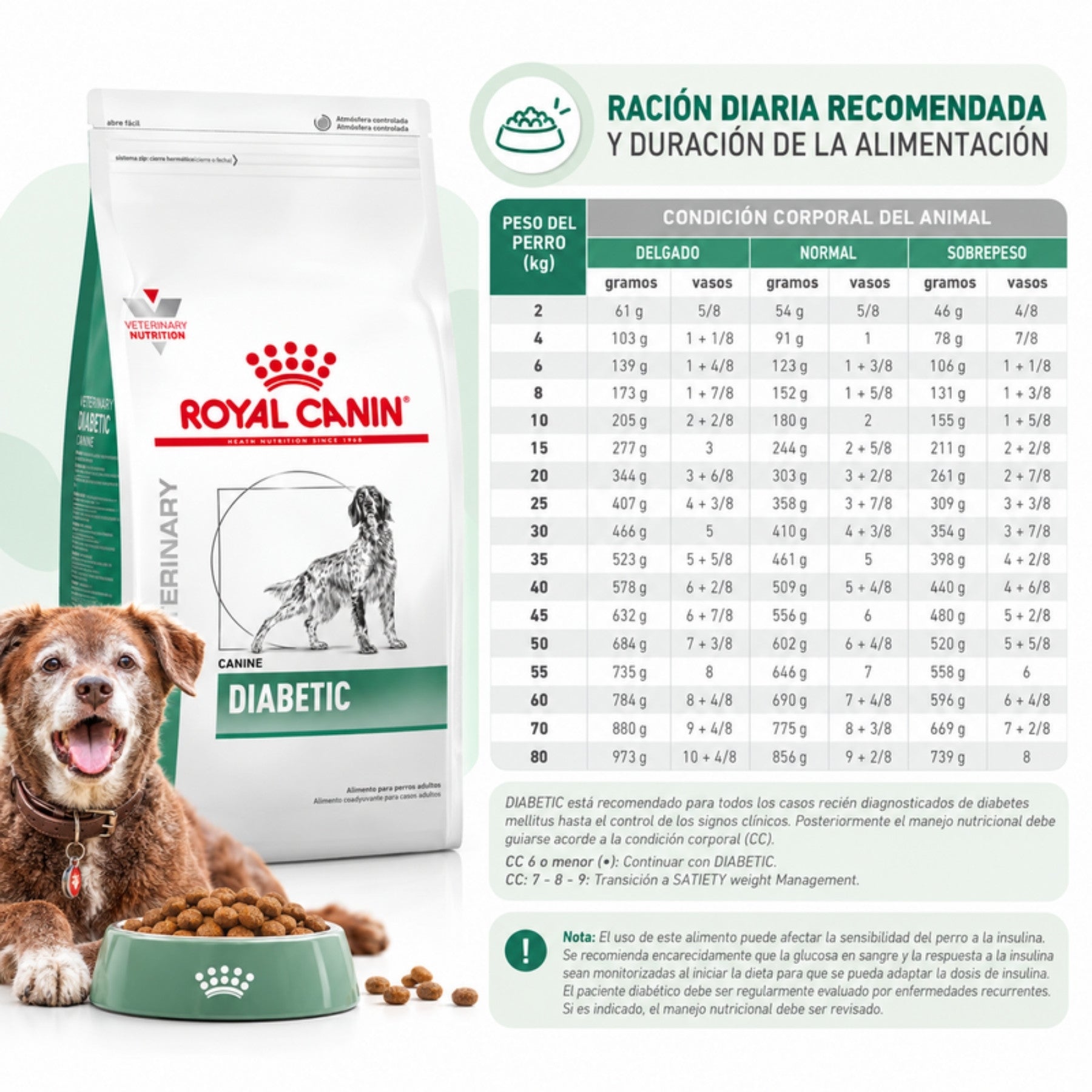 Tabla de ración diaria de Royal Canin Diabetic perro según peso de 2 a 80 kg y condición corporal