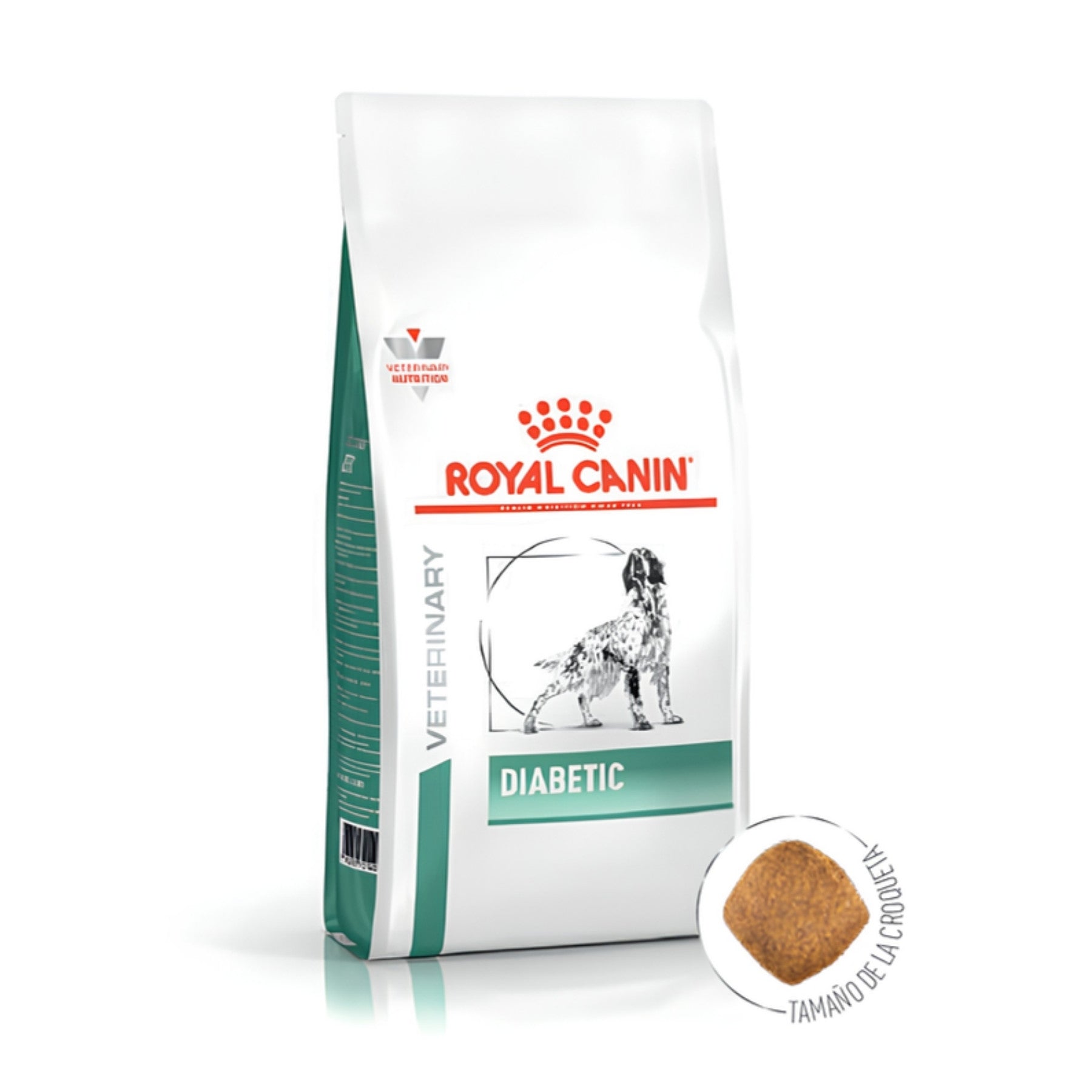 Saco Royal Canin Diabetic para perros con detalle ampliado del tamaño y la forma de la croqueta